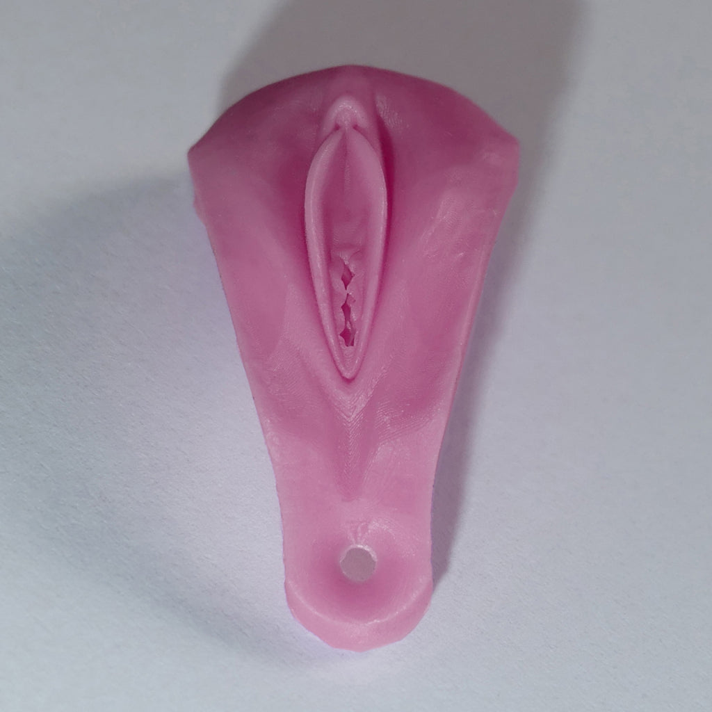 A pink silicone vulva adult novelty item with a realistic textured opening and a small circular hole at the base, photographed on a plain light background.